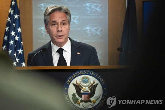 정례 브리핑하는 블링컨 美 국무 장관.[AP 연합뉴스 자료사진]